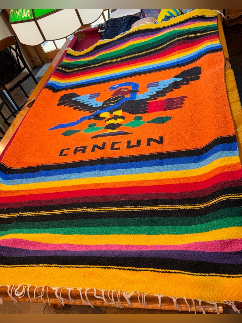 Vintage Hand Woven CANCUN Mexico Rainbow Blanket Throw Eagle Snake 80” X 50” Vtg